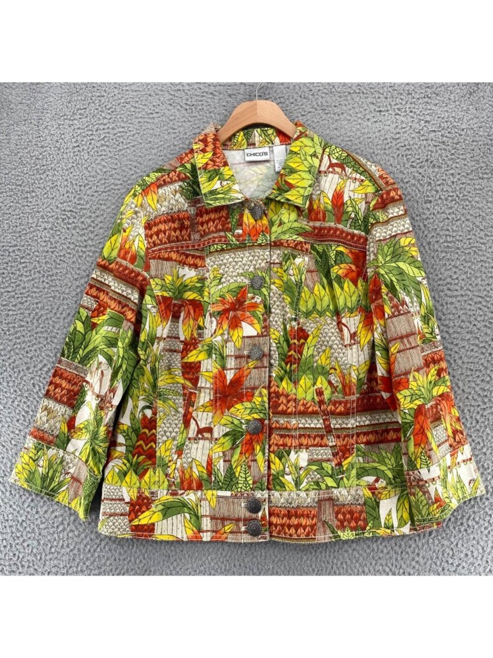 Chicos Jacket Womens 2 US Large Green Orange Floral Tropical Monkey Twill Button